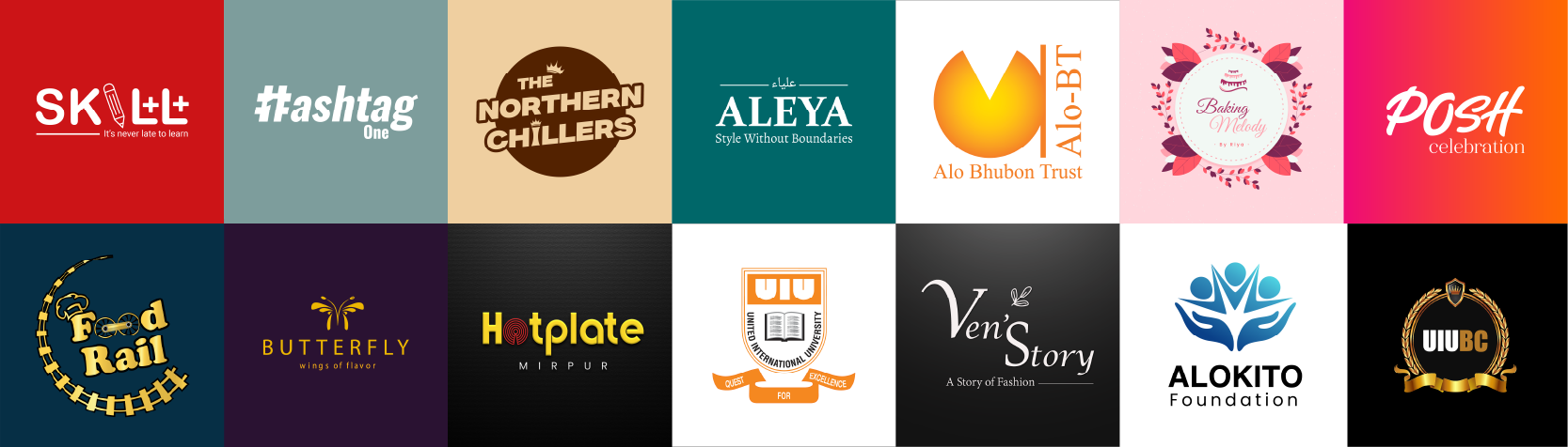 Logos of Penball clients including Skill, HashtagOne, The Northern Chillers, Aleya, Alo Bhubon Trust, Baking Melody, Posh Celebration, Food Rail, Butterfly, Hotplate, UIU, Ven's Story, Alokito Foundation and UIUBC